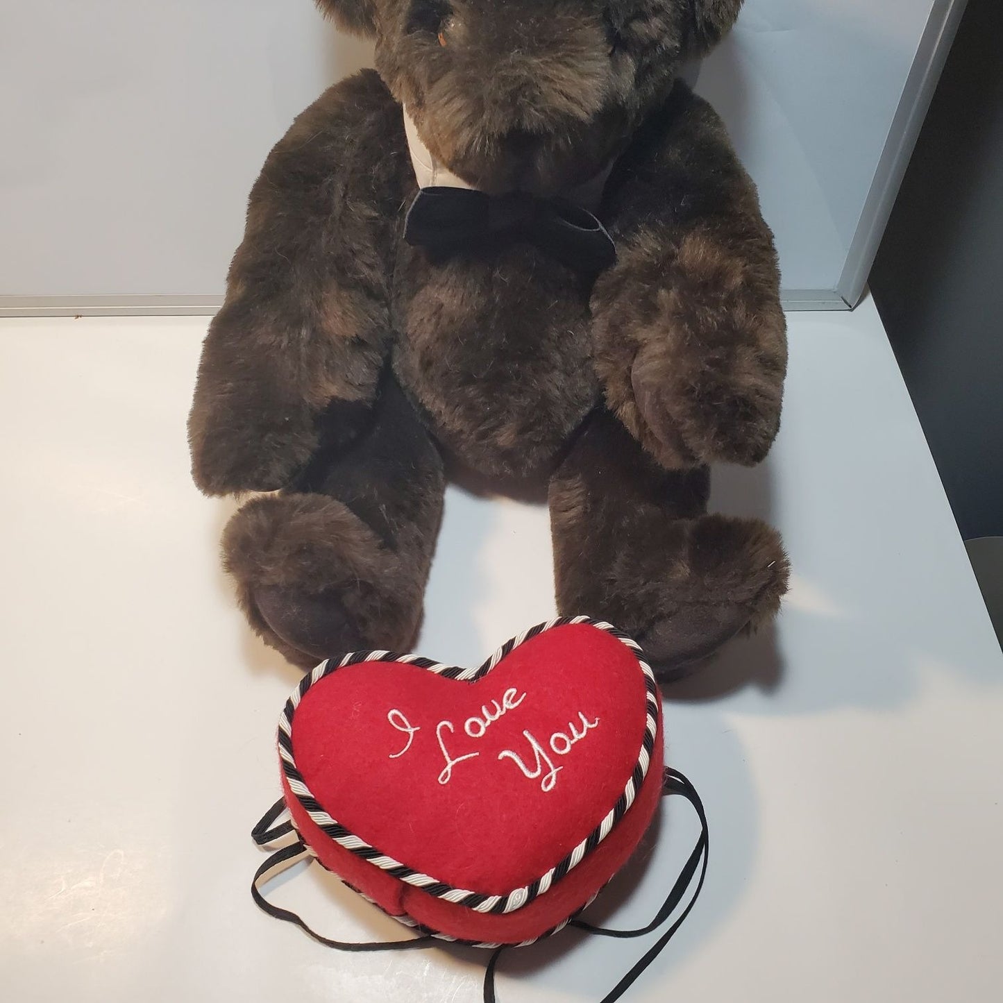 Vermont Teddy Bear Dark Brown with I love You Heart and Tux Tie and Collar