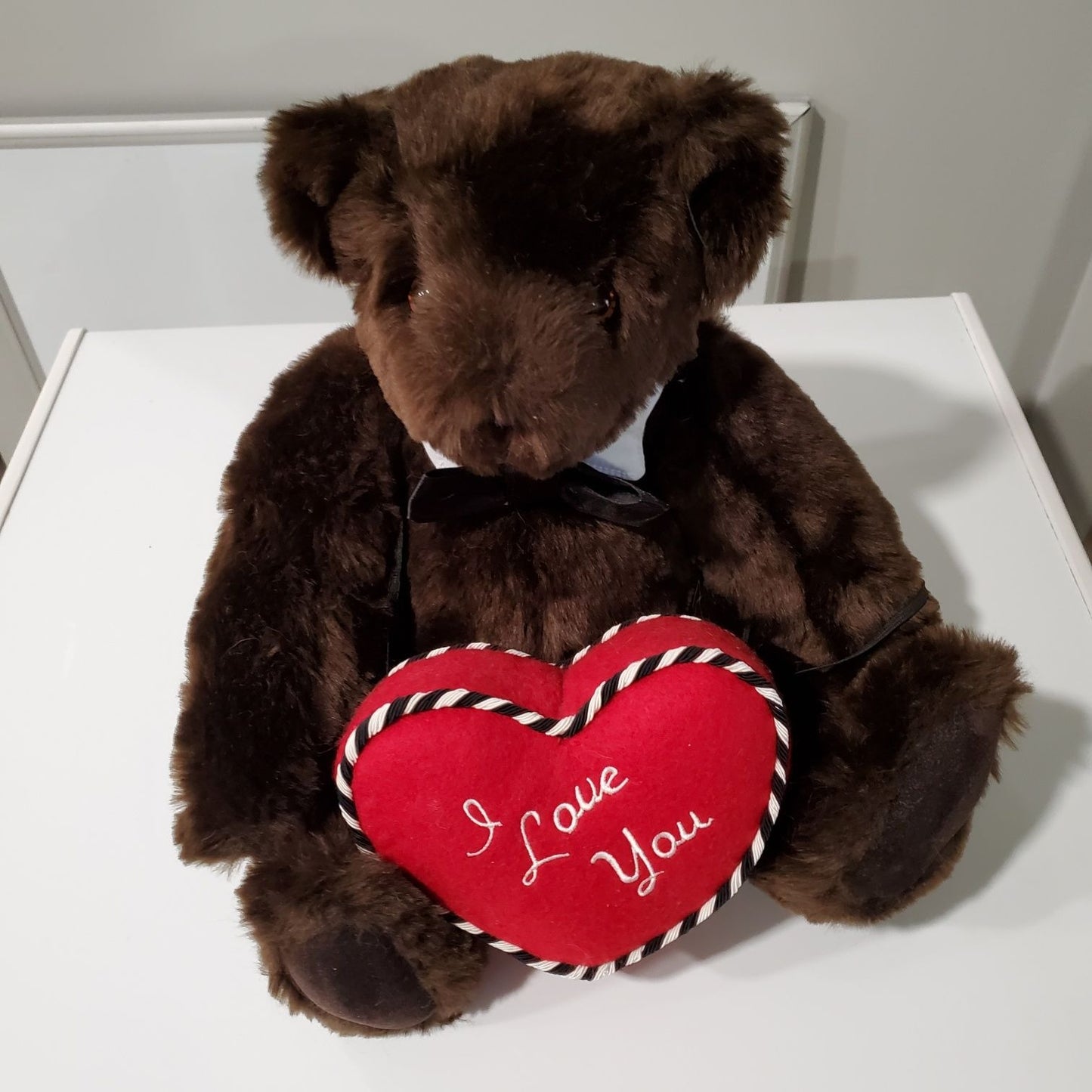 Vermont Teddy Bear Dark Brown with I love You Heart and Tux Tie and Collar